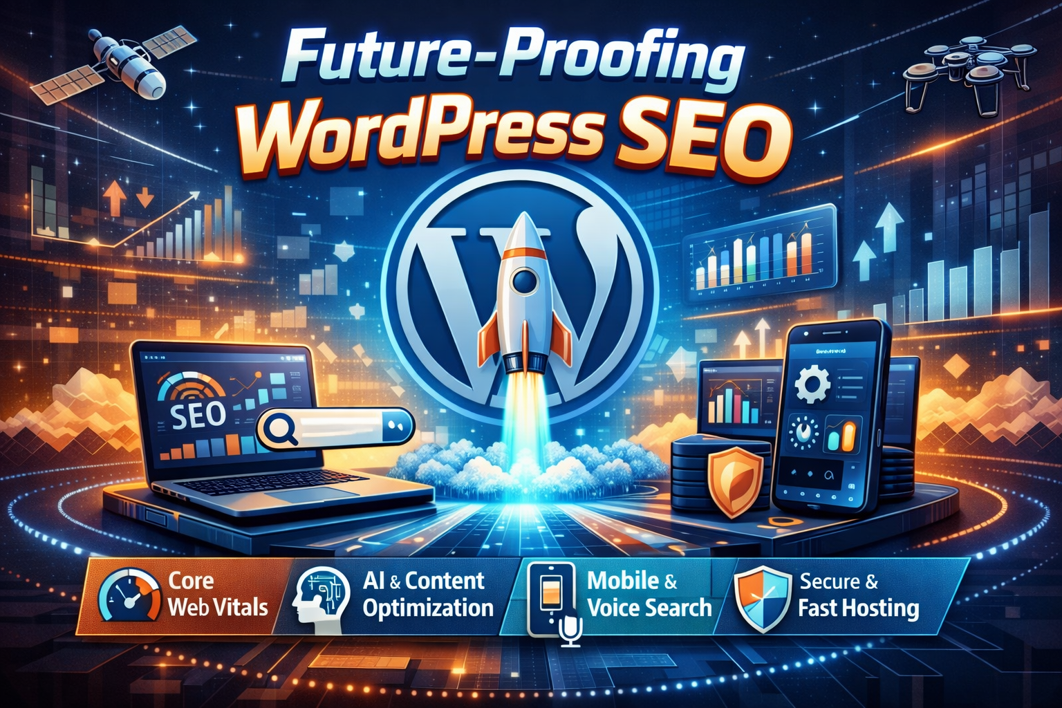 Future-Proofing WordPress SEO infographic showing Core Web Vitals, AI content optimization, mobile and voice search, and secure fast hosting strategies.