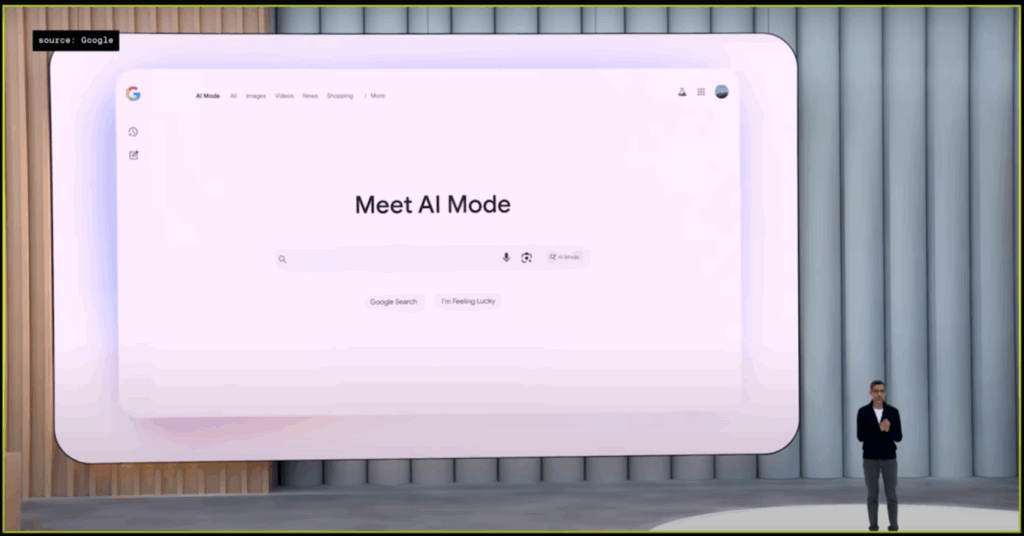 Sundar Pichai presents Google's new AI Overviews feature on stage, highlighting the "Meet AI Mode" interface on a giant screen. The redesigned search page includes options for voice input, visual search, and a dedicated "AI Mode" button, signaling the integration of AI Overviews in Google Search. The label “source: Google” appears at the top-left corner.