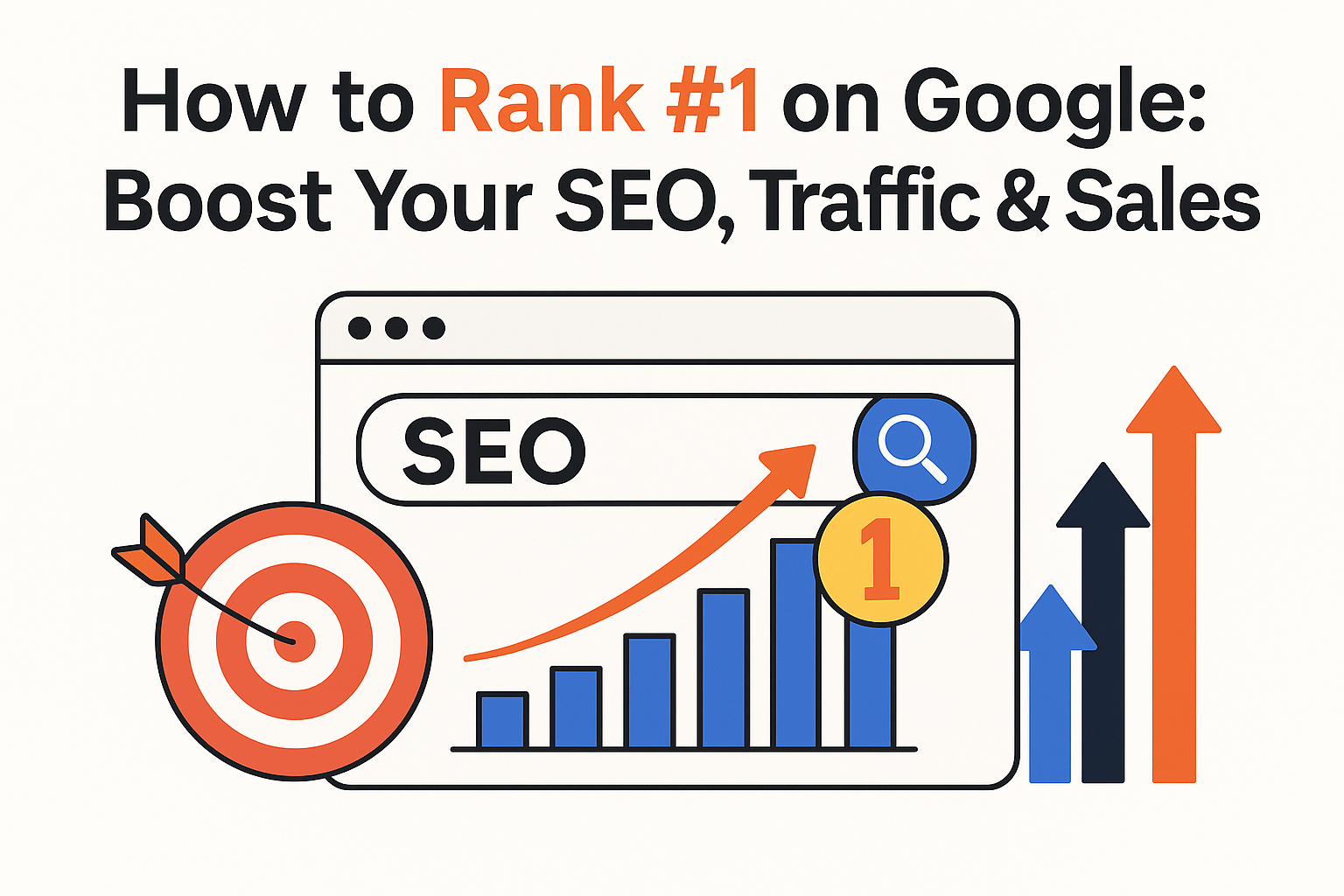 "Illustration titled 'How to Rank #1 on Google: Boost Your SEO, Traffic & Sales' showing a browser window labeled 'SEO' with an upward-trending bar graph, a magnifying glass icon with a '1' badge, a target with an arrow hitting the center, and colorful arrows pointing upward, symbolizing improved rankings, traffic, and sales growth."