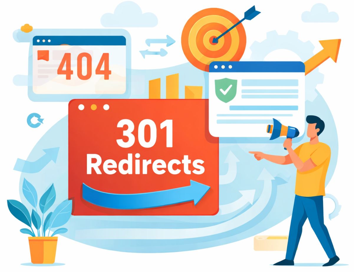 301 redirects showing redirect from 404 error page to a valid webpage for SEO optimization