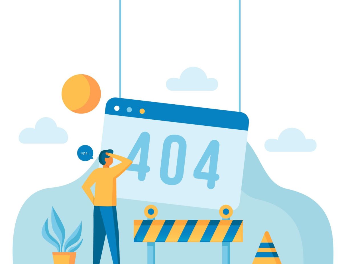 404 error page illustration showing a person confused in front of a page not found warning screen