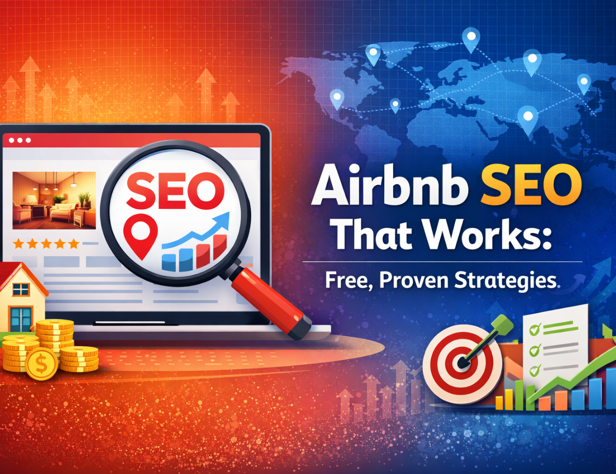 Airbnb SEO That Works: Free, Proven Strategies 2 Airbnb-That-works SEO banner showing a laptop Airbnb listing, magnifying glass highlighting SEO growth, and ranking strategy elements in landscape format.