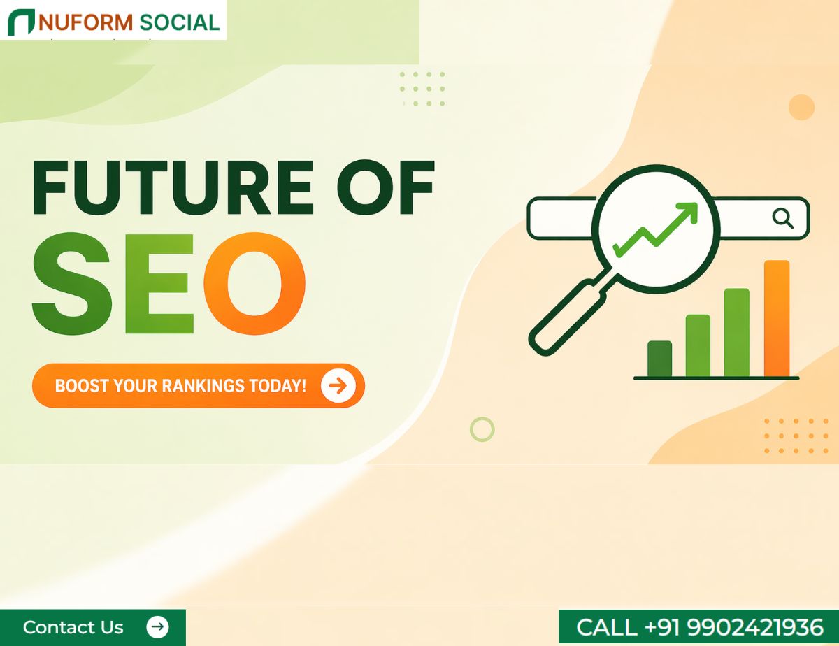 Future of SEO: 10 Trends That Matter Most 2 Future of SEO banner with green and orange gradient background showing growth chart, search icon, and call to action for boosting rankings