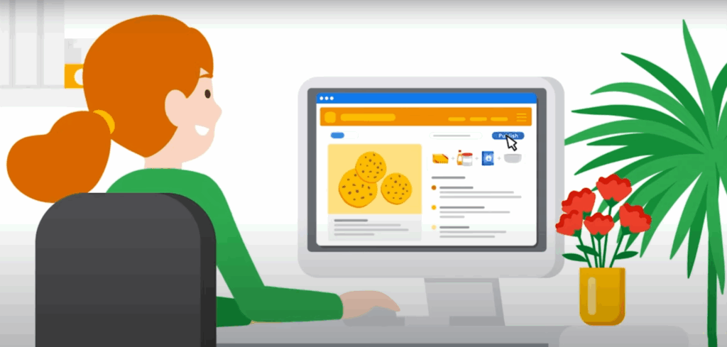 Illustration of a woman publishing a blog post about cookies on a website, symbolizing content creation — a key part of SEO (Search Engine Optimization). The scene includes a desktop computer, a "Publish" button, and vibrant surroundings, representing the process of optimizing and sharing web content to improve search visibility.