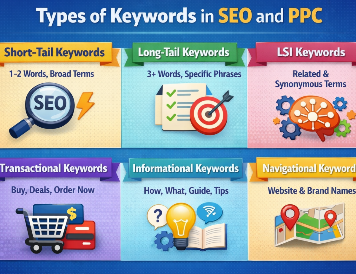 Types of Keywords in SEO and PPC 2 "Infographic showing types of keywords in SEO and PPC: Short-Tail, Long-Tail, LSI, Transactional, Informational, and Navigational, with small icons for each type."