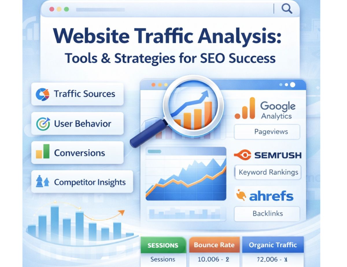 Website traffic analysis tools and strategies infographic showing traffic sources, user behavior, conversions, competitor insights, and SEO performance metrics
