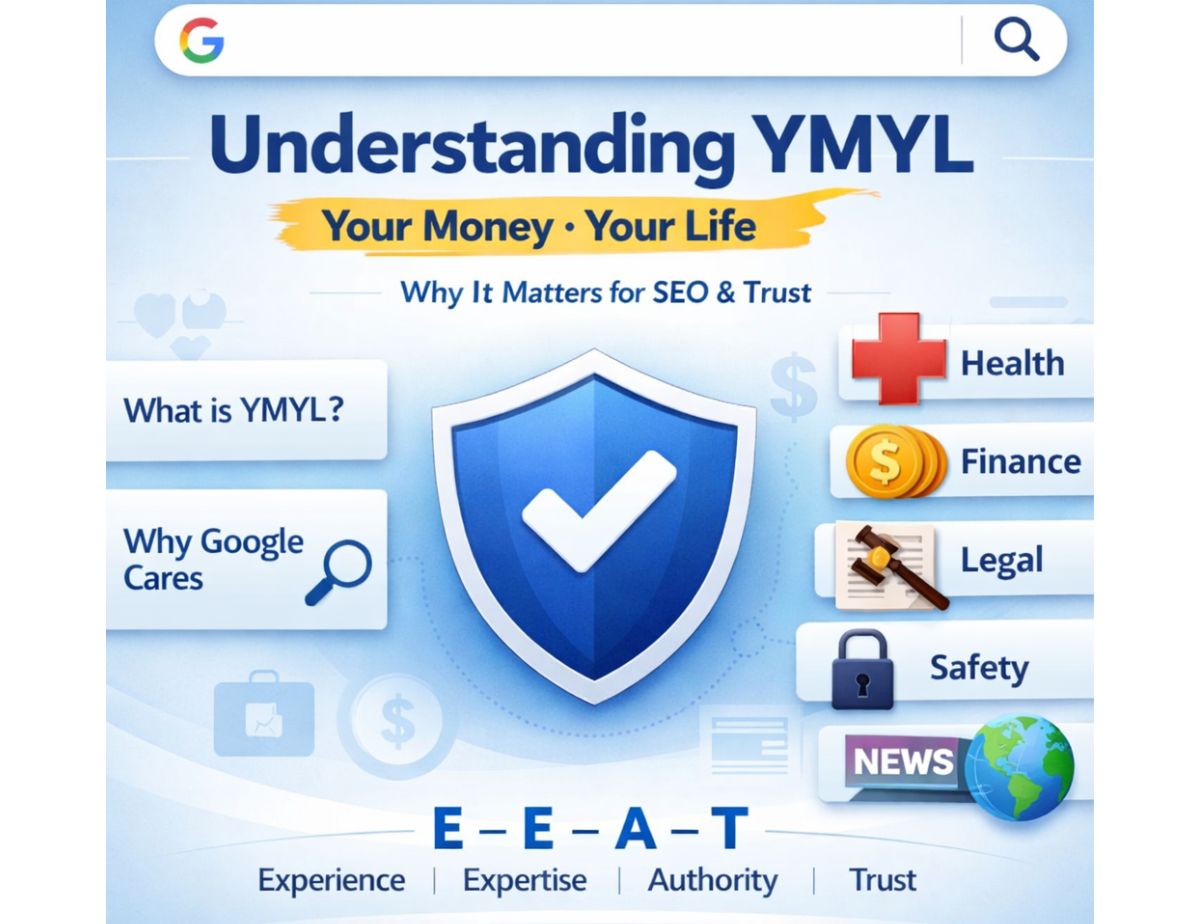 Understanding YMYL: Create Trustworthy SEO Content 2 Understanding YMYL infographic explaining Your Money Your Life concept with health, finance, legal, safety categories and E-E-A-T for SEO optimization