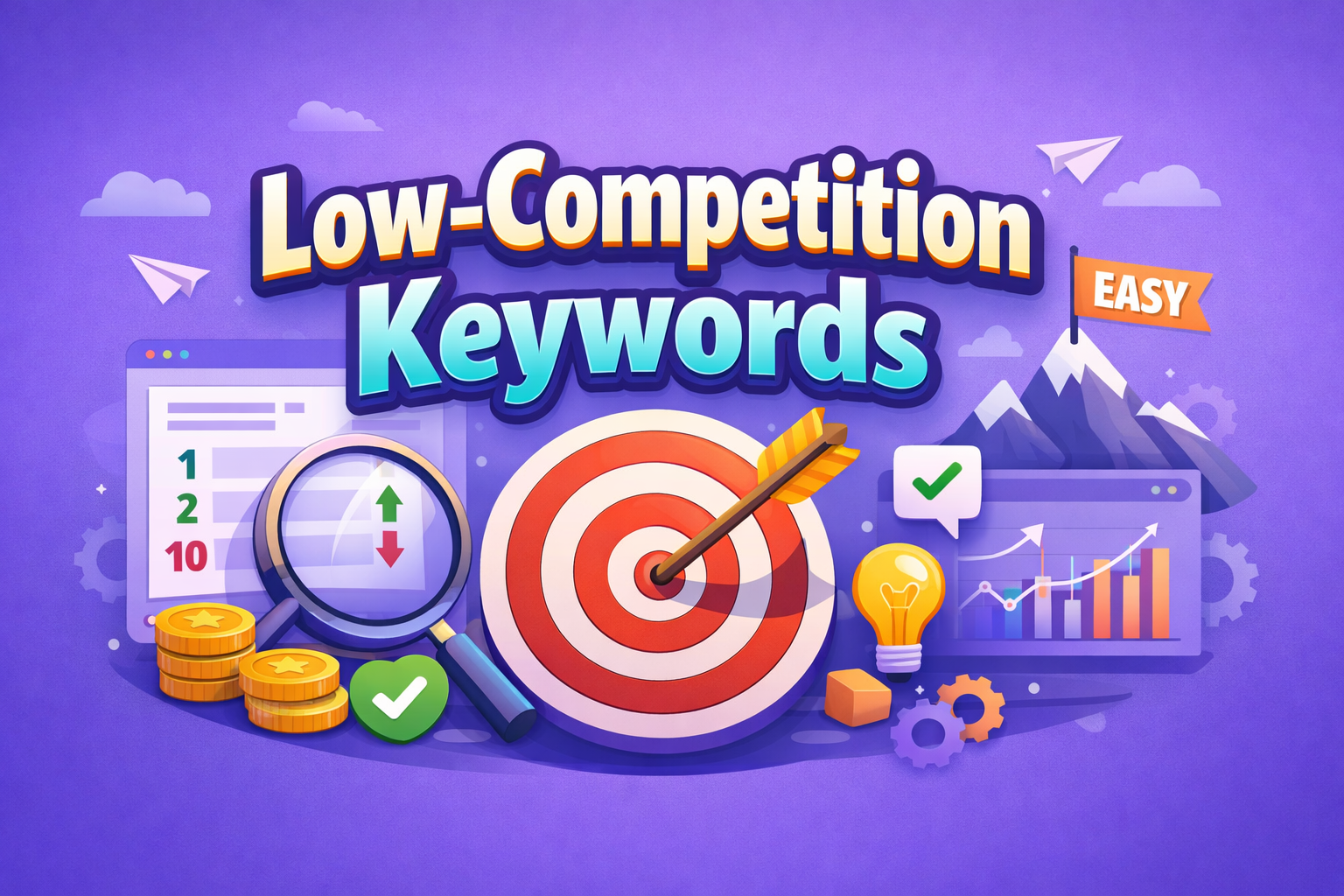 Low-competition keywords strategy with keyword research, target ranking, SEO growth charts, and easy ranking indicators