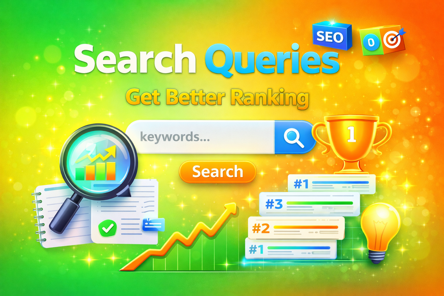 Search queries SEO concept with keyword search bar, ranking chart, magnifying glass, and trophy on a green to orange gradient background showing improved website rankings.