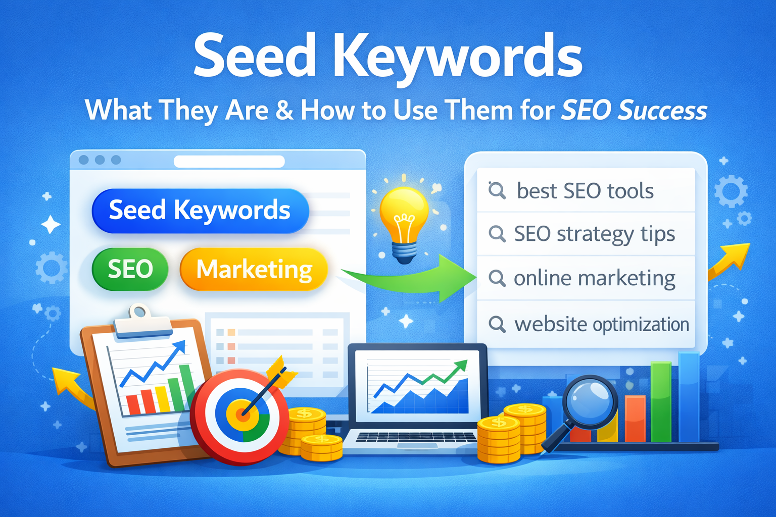 Seed keywords used in keyword research to generate long-tail keywords and SEO ideas