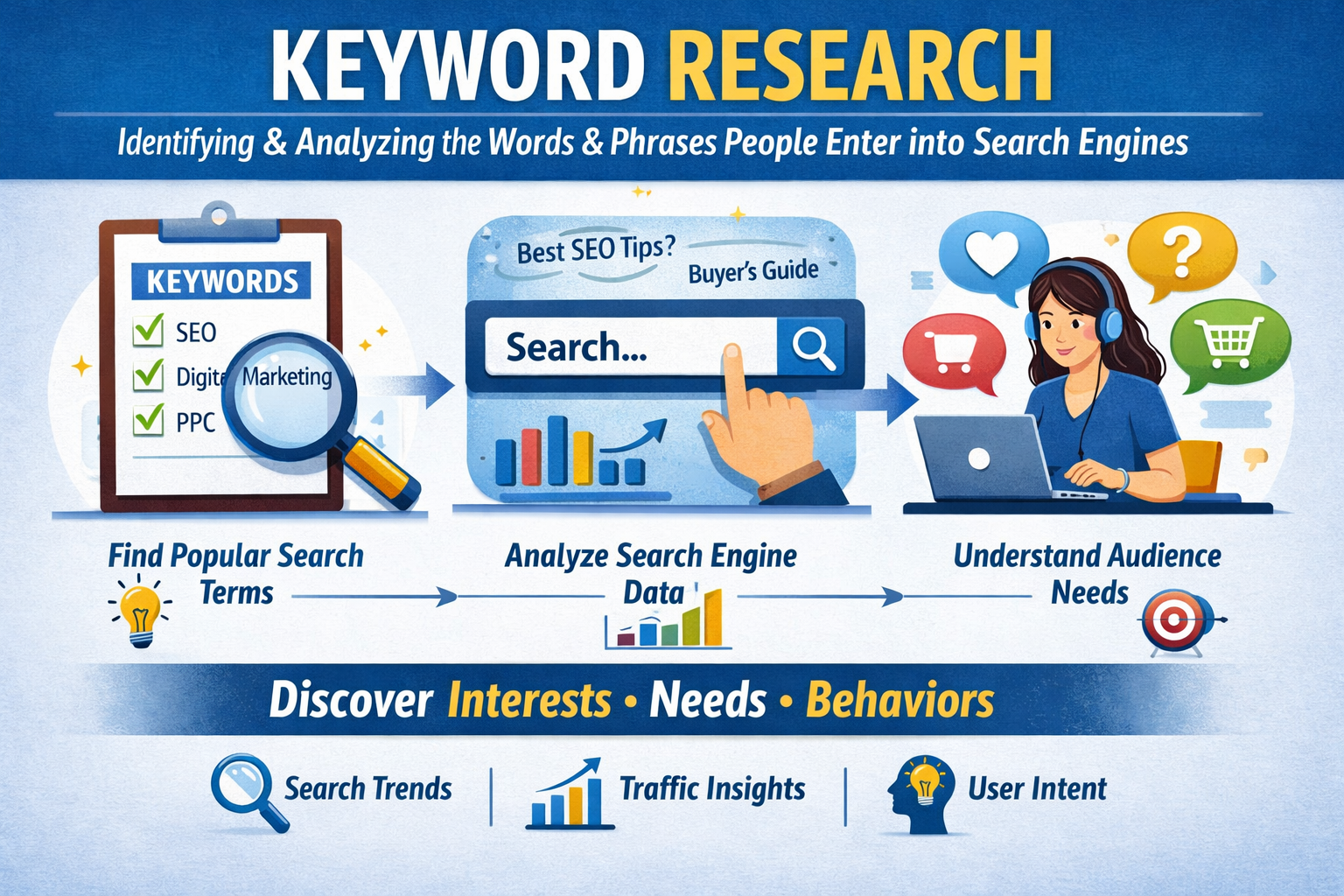 Keyword Research Process showing identifying and analyzing search terms to understand audience needs, interests, and behaviors for SEO strategy