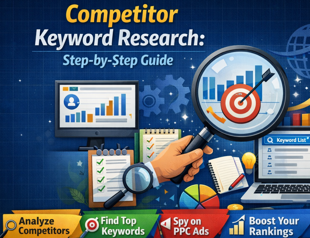 Competitor Keyword Research: Step-by-Step Guide 4 Competitor keyword research infographic with magnifying glass and analytics charts.