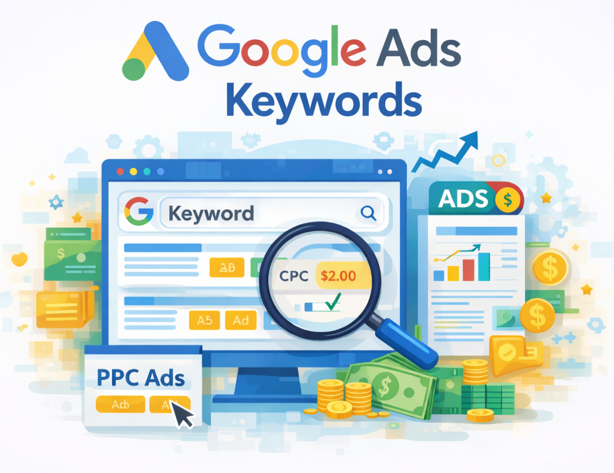 “Google Ads keywords research illustration showing PPC ads, CPC analysis, and paid search performance.”