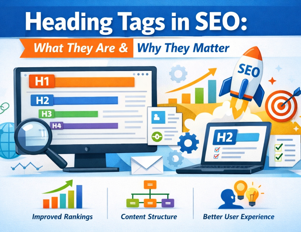 “Heading tags in SEO showing H1, H2, H3 structure and their importance for content hierarchy, rankings, and user experience”