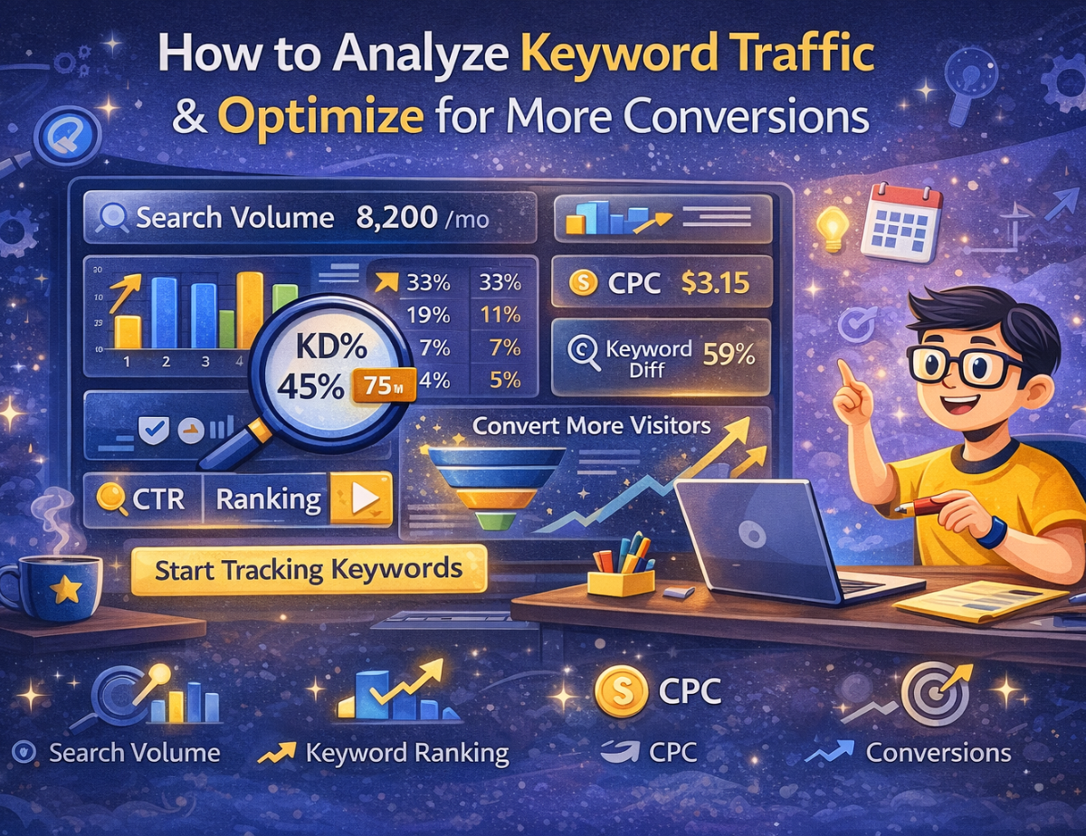 How to analyze keyword traffic and optimize for more conversions using SEO metrics like keyword difficulty, search volume, CTR, and ranking data.
