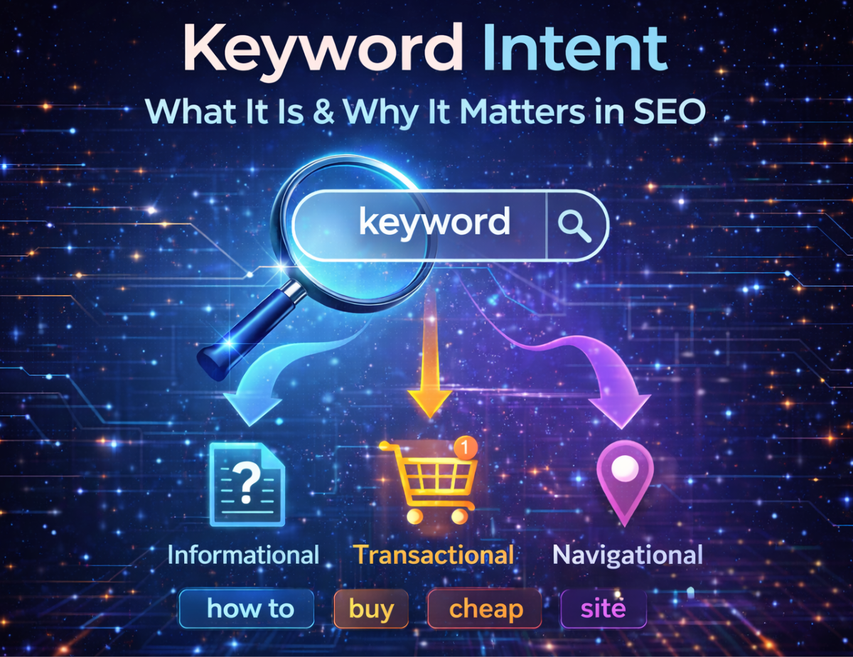 Keyword Intent: What It Is & Why It Matters in SEO 2 Infographic titled “Keyword Intent: What It Is & Why It Matters in SEO” showing informational, transactional, and navigational intent with icons and example keywords.