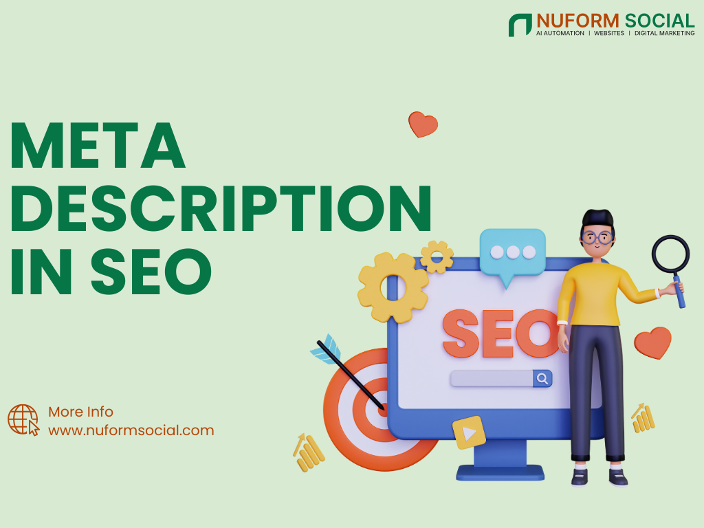 Digital marketing graphic featuring the text ‘Meta Description in SEO’ with a 3D character, SEO icons, target symbol, and Nuform Social branding.