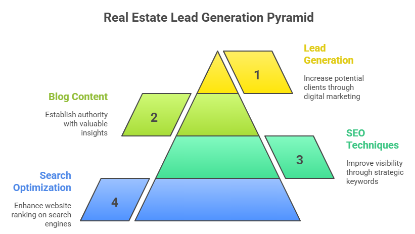 Real estate lead generation pyramid showing SEO techniques, blog content, search optimization, and digital marketing strategies to attract property buyers