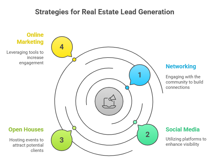 Infographic showing four real estate lead generation strategies: networking, social media, open houses, and online marketing arranged in a circular layout.