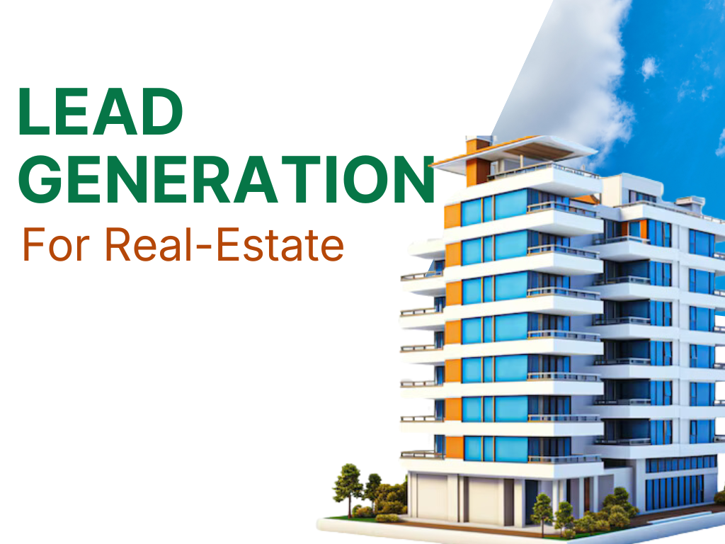 Modern real estate building illustration with the text ‘Lead Generation for Real Estate’ highlighting property marketing.