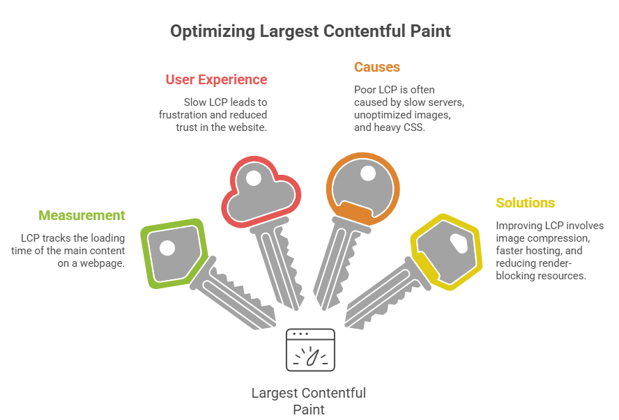 Illustration explaining Largest Contentful Paint (LCP) optimization including measurement, user experience impact, causes of slow loading, and solutions to improve website performance.