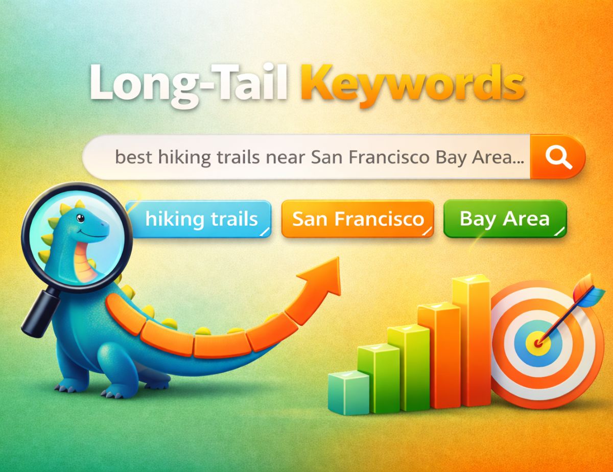Long-tail keywords illustration showing search query, keyword segmentation, SEO growth chart and targeting concept