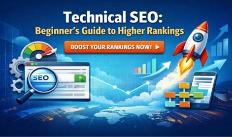 Technical SEO beginner’s guide illustration showing website optimization, SEO dashboard, rocket launch, and ranking growth for higher Google search rankings.