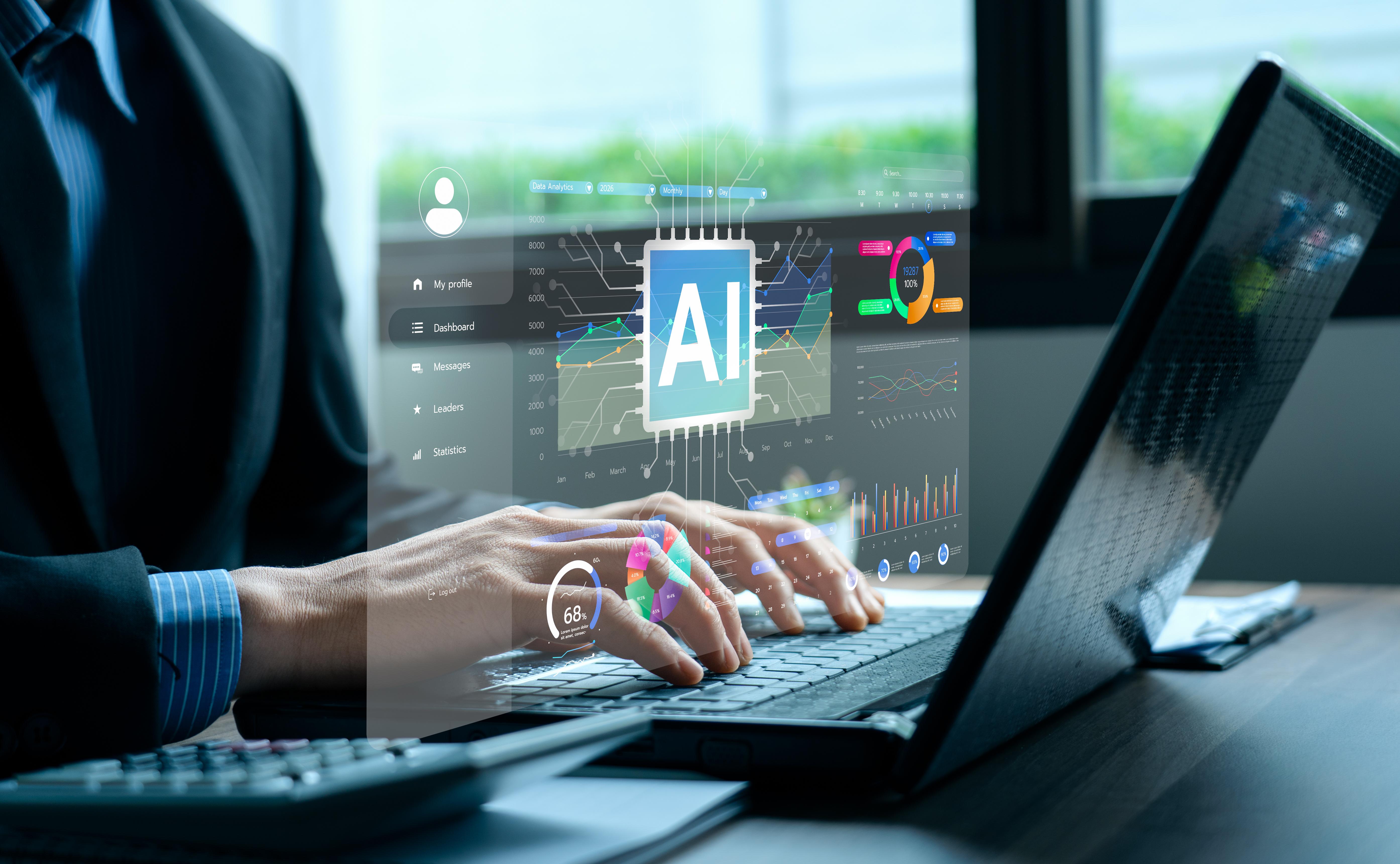 AI marketing stats dashboard with analytics charts and graphs on laptop showing data-driven digital marketing performance and SEO insights