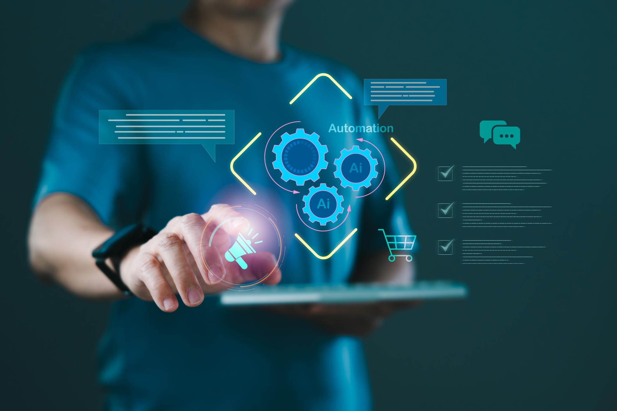 AI marketing automation concept showing digital marketing tools, automation workflow, and campaign management on tablet interface