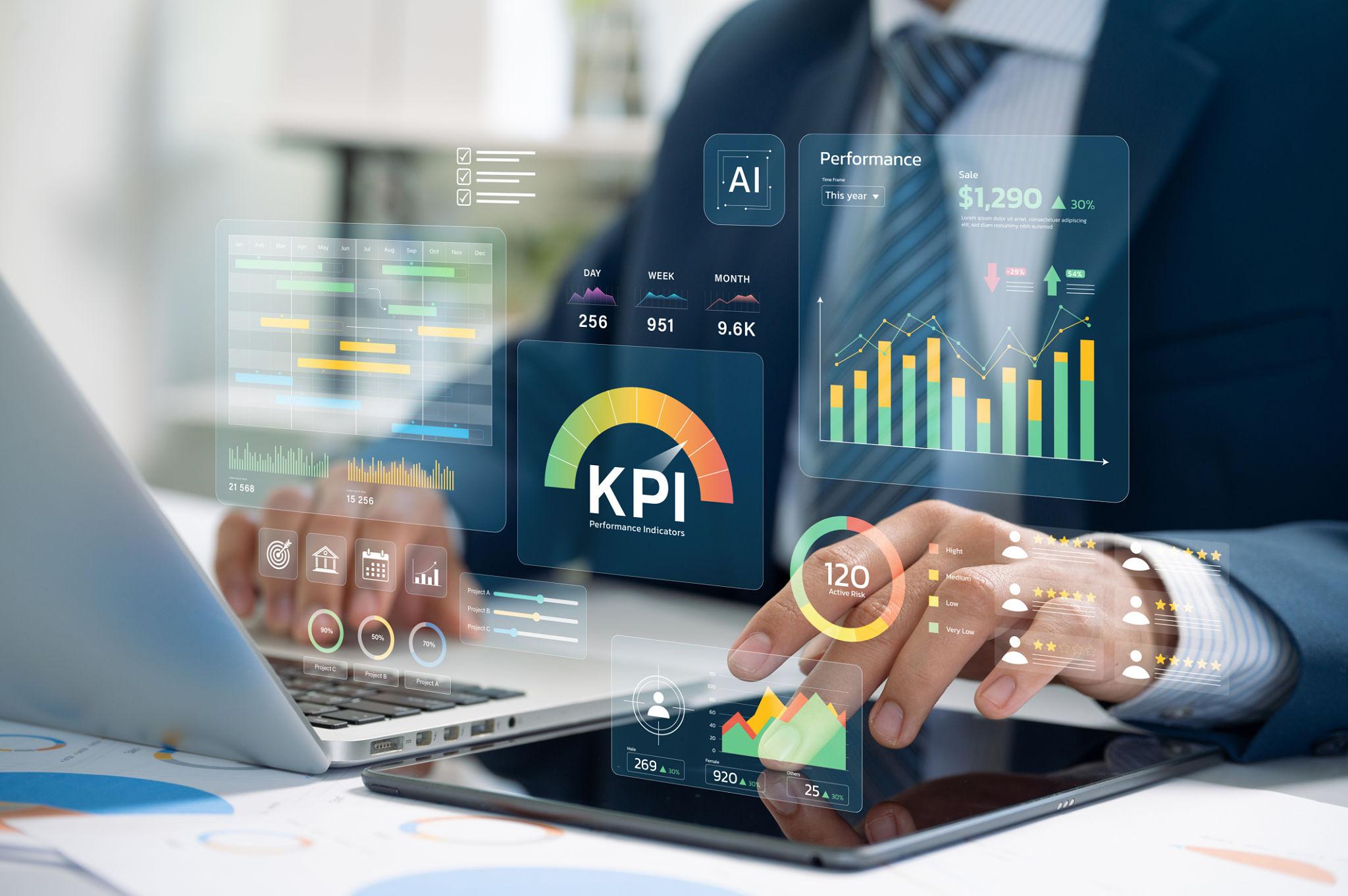 AI marketing analytics dashboard showing KPI performance metrics, data visualization charts, and business growth insights on laptop and tablet