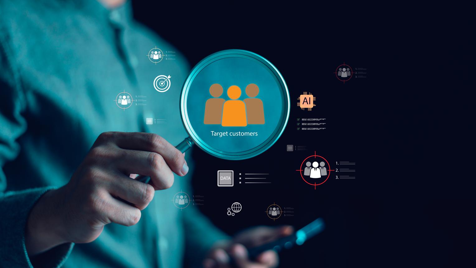 AI-based target audience analysis concept showing customer segmentation, data insights, and digital marketing strategy using magnifying glass
