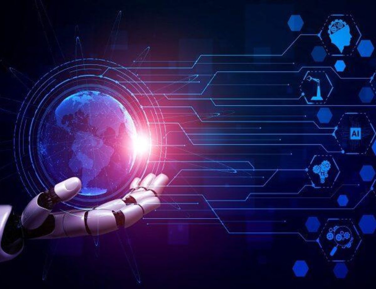 AI-powered digital marketing and SEO strategy concept with robotic hand holding globe representing global online growth and search engine optimization services in Noida