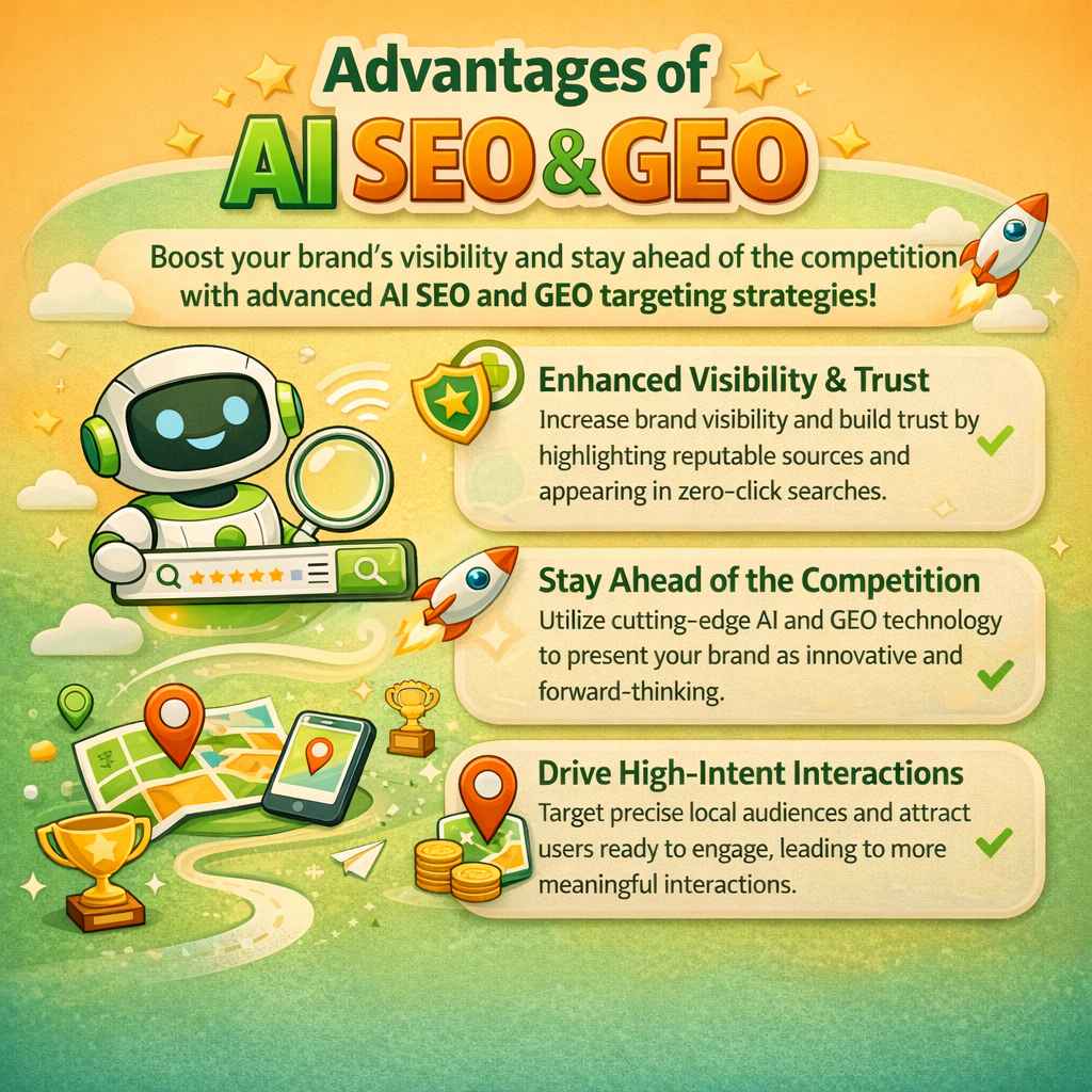 Advantages of AI SEO and GEO showing benefits like enhanced visibility, competitive advantage, and high-intent user engagement with AI-powered search strategies