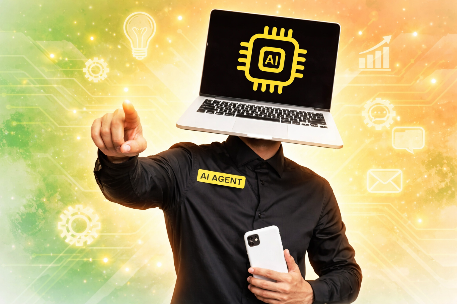 AI agent holding smartphone with laptop head showing artificial intelligence icon, digital marketing and automation concept background