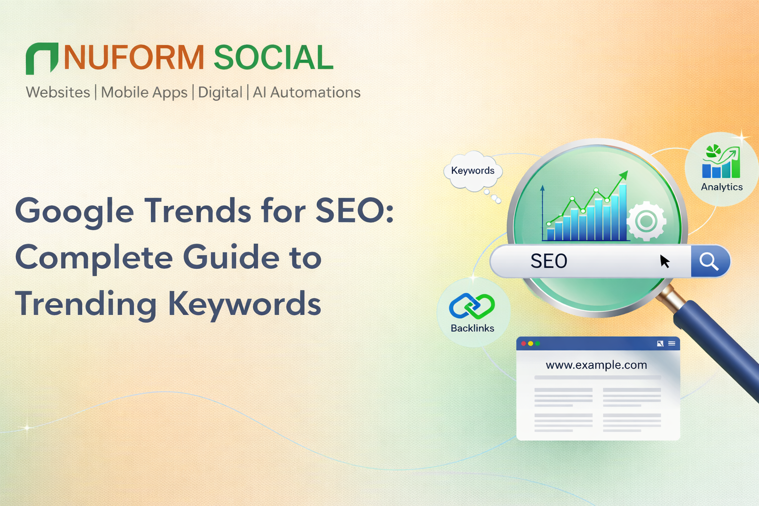 Google Trends for SEO guide showing keyword research, analytics, backlinks, and trending search data for improving website rankings