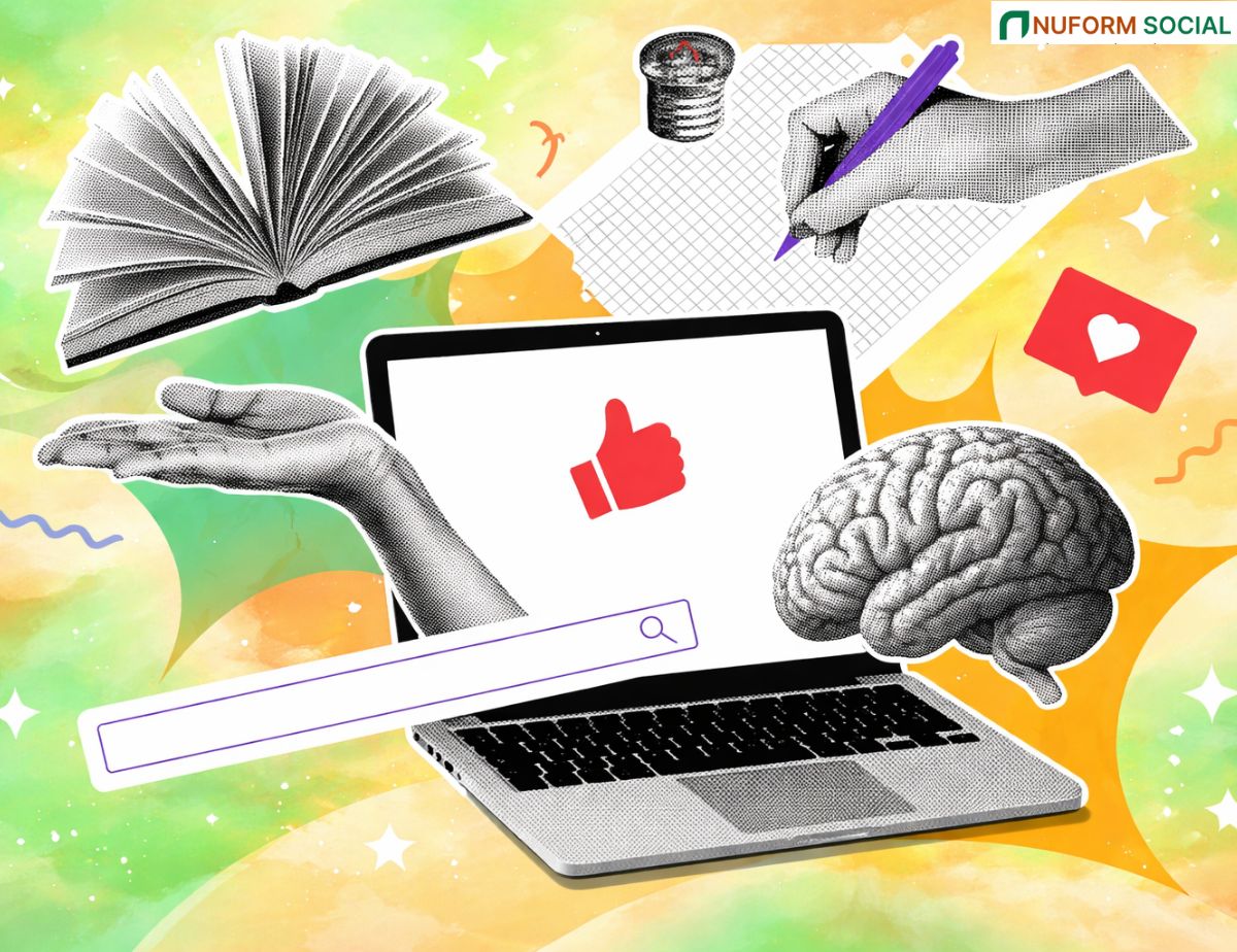 Digital marketing concept with laptop, content creation, brain and social media icons