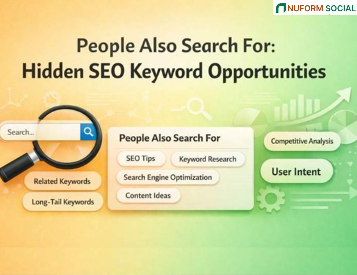 Illustration showing “People Also Search For” SEO keyword opportunities including related keywords, long-tail keywords, user intent, and competitive analysis.