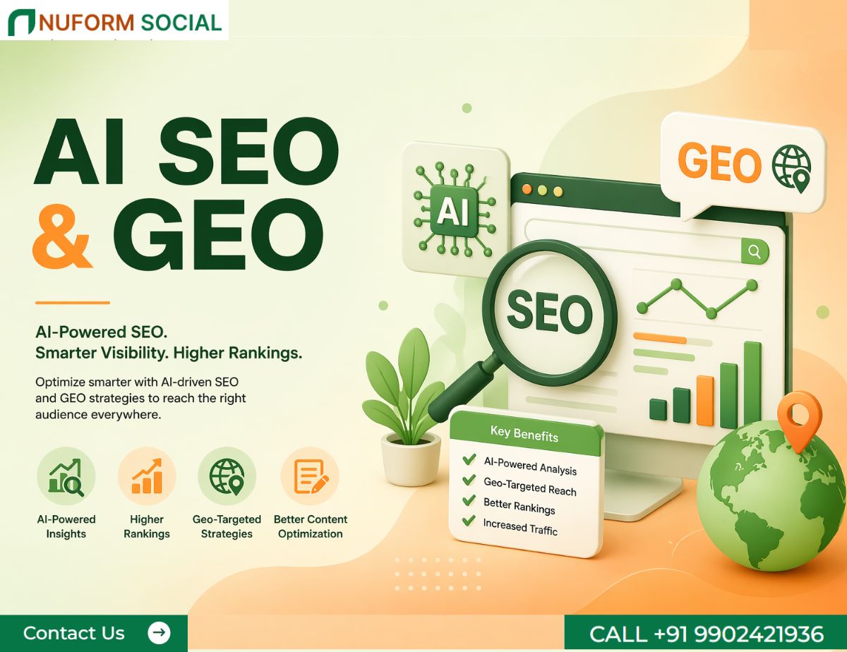 AI SEO and GEO optimization illustration with light green and orange background showing search analytics, geo targeting, and AI-driven ranking improvements