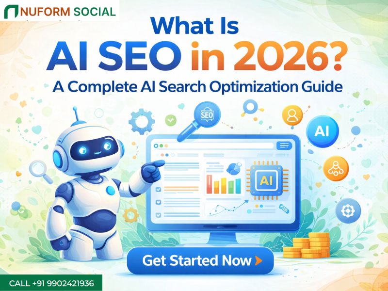 AI SEO in 2026 concept with robot analyzing website data, search optimization dashboard, and digital marketing analytics interface