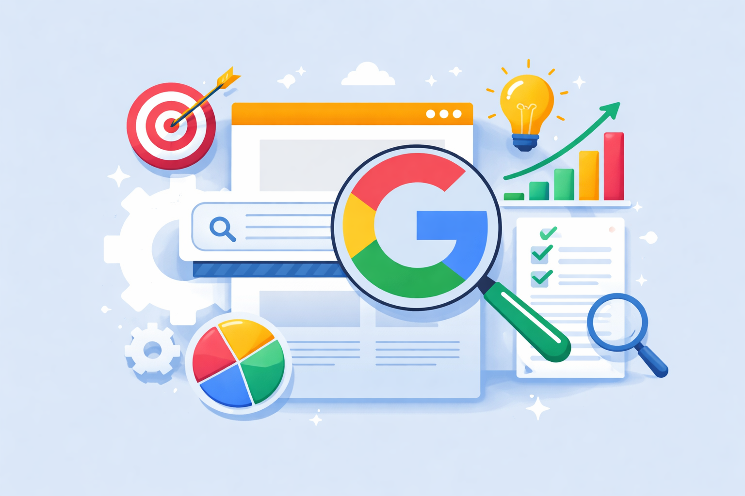 Illustration of Google SEO tools showing search optimization, analytics, and Googlebot crawl limits with charts, target icon, and magnifying glass