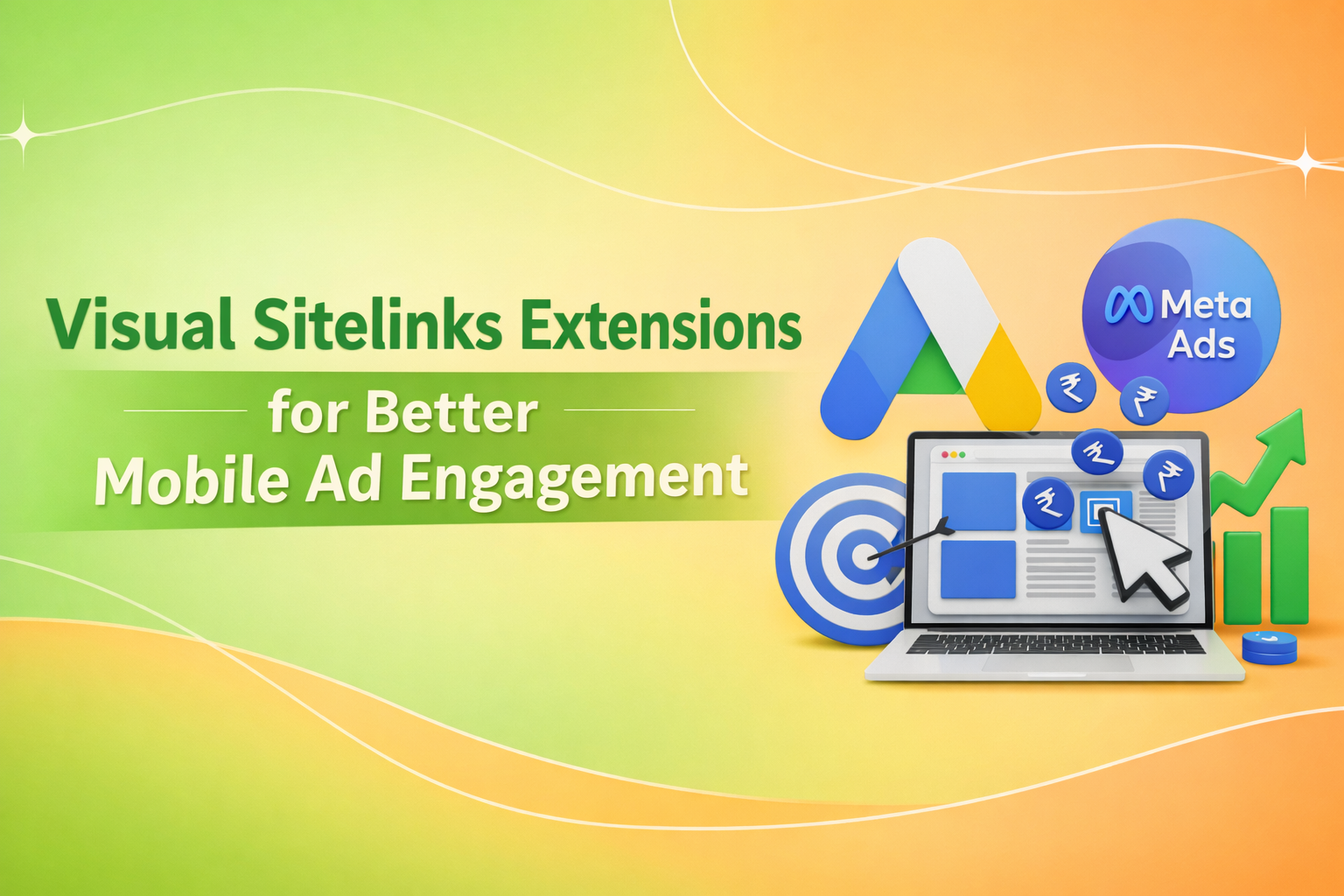 Visual sitelinks extensions for better mobile ad engagement showing Google Ads and Meta Ads dashboard with targeting and performance icons