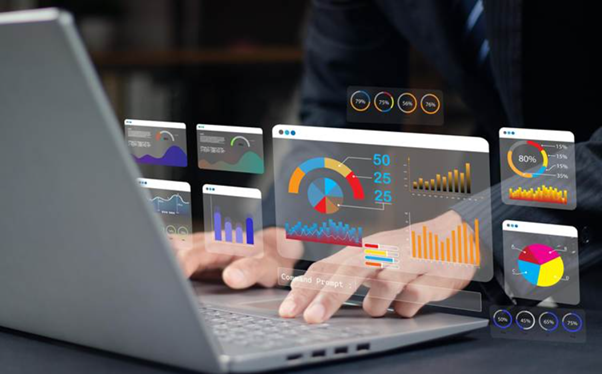 AI-powered marketing analytics dashboard with graphs and charts showing data insights, SEO performance, and digital marketing strategy optimization on a laptop