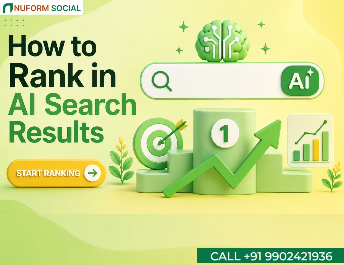Green-themed infographic showing strategies to rank in AI search results with icons of a search bar, brain, target, and growth chart.