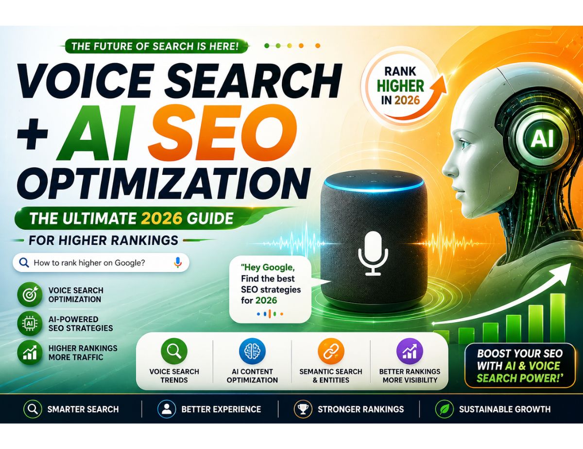 Voice Search + AI SEO Optimization: The Ultimate 2026 Guide for Higher Rankings 2 Voice Search + AI SEO Optimization infographic showing AI-powered search, voice assistants, Google ranking strategies, and SEO trends for higher rankings in 2026.