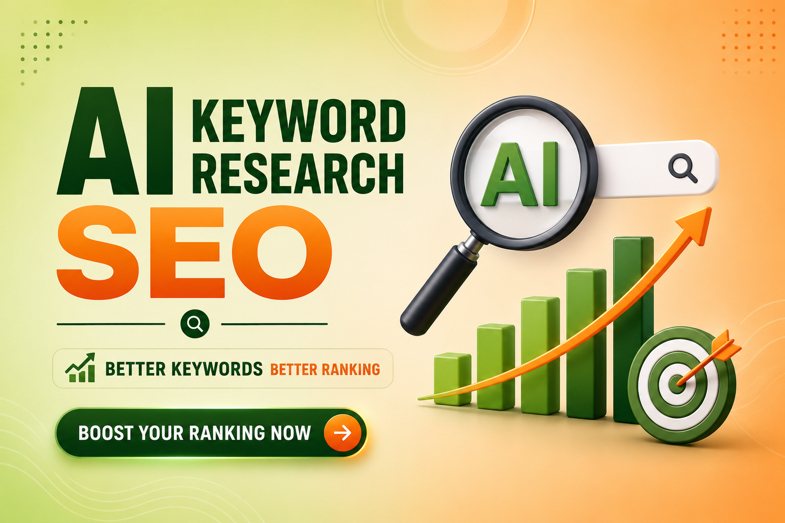 AI keyword research and SEO concept with magnifying glass, search bar, growth chart, and target icon illustrating better search rankings.