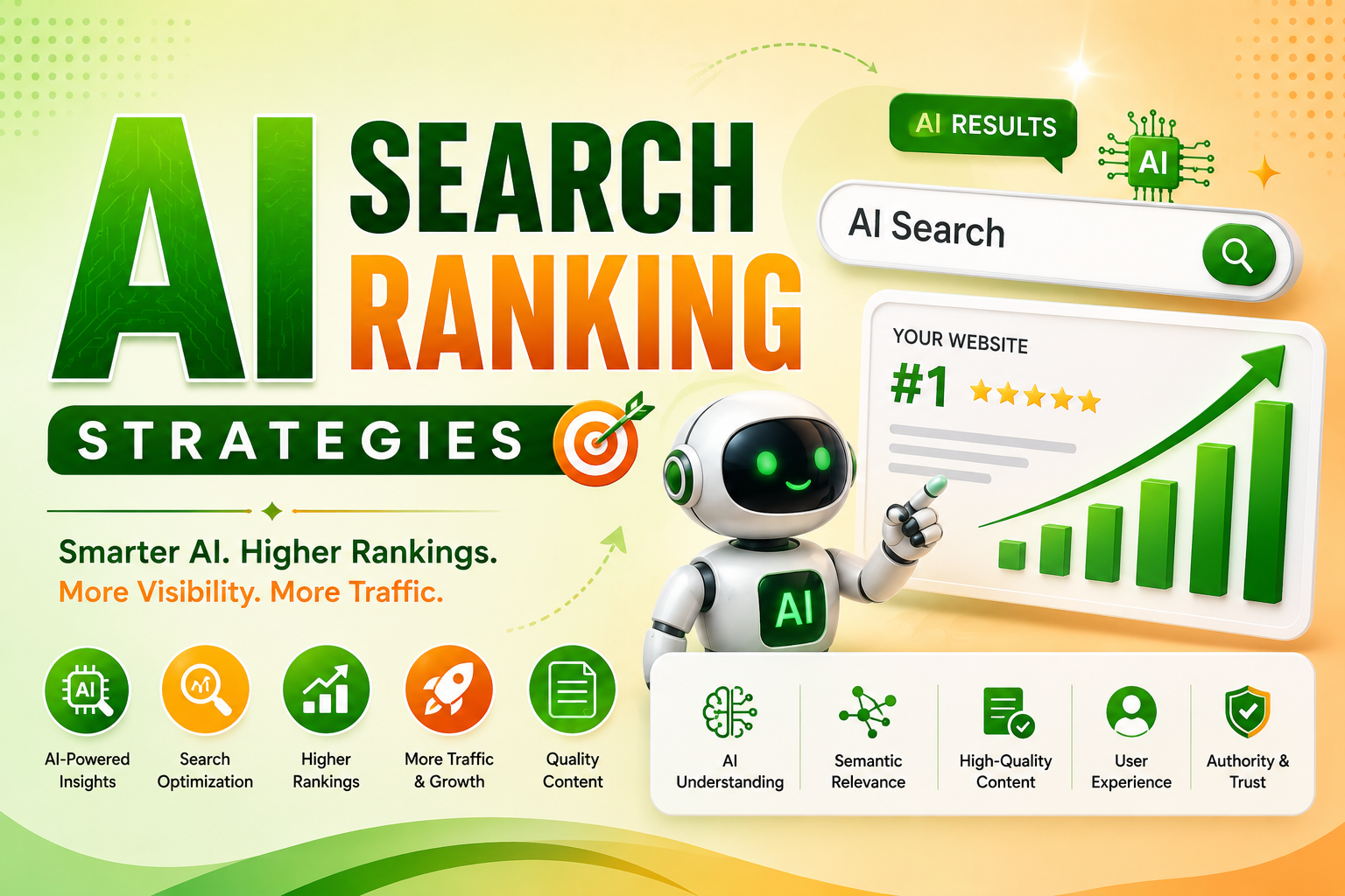 AI Search Ranking Strategies infographic showing AI-powered SEO, search optimization, higher Google rankings, quality content, semantic search, and organic traffic growth.