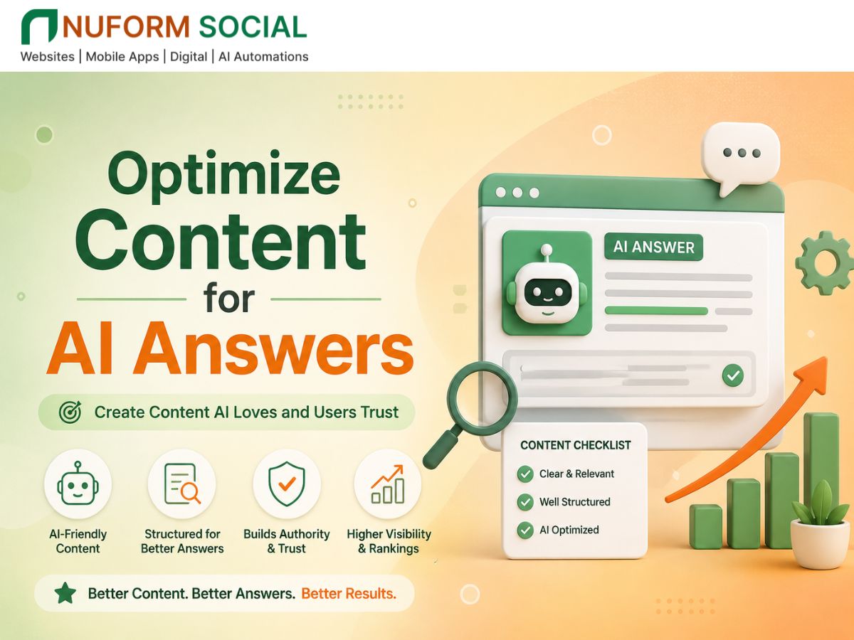 Optimize Content for AI Answers: The Complete Guide to Ranking in AI Search Results 2 Optimize content for AI answers with AI-friendly content, structured data, authority building, and higher search rankings by Nuform Social.