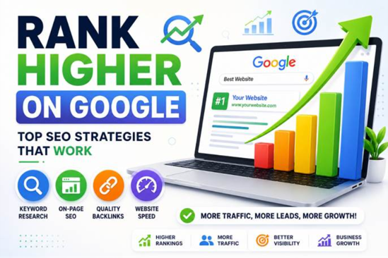 Rank Higher on Google with SEO strategies showing keyword research, on-page SEO, quality backlinks, website speed optimization, and increasing website traffic.